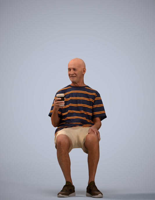 3D human model senior man casual sitting, photogrammetry scanned person for archviz