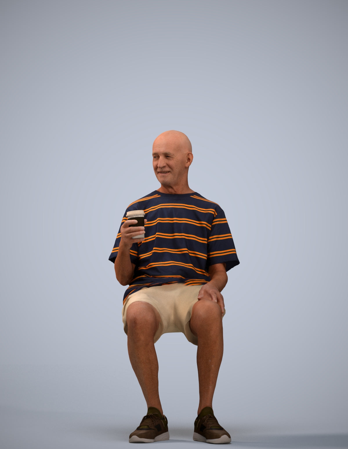 3D human model senior man casual sitting, photogrammetry scanned person for archviz
