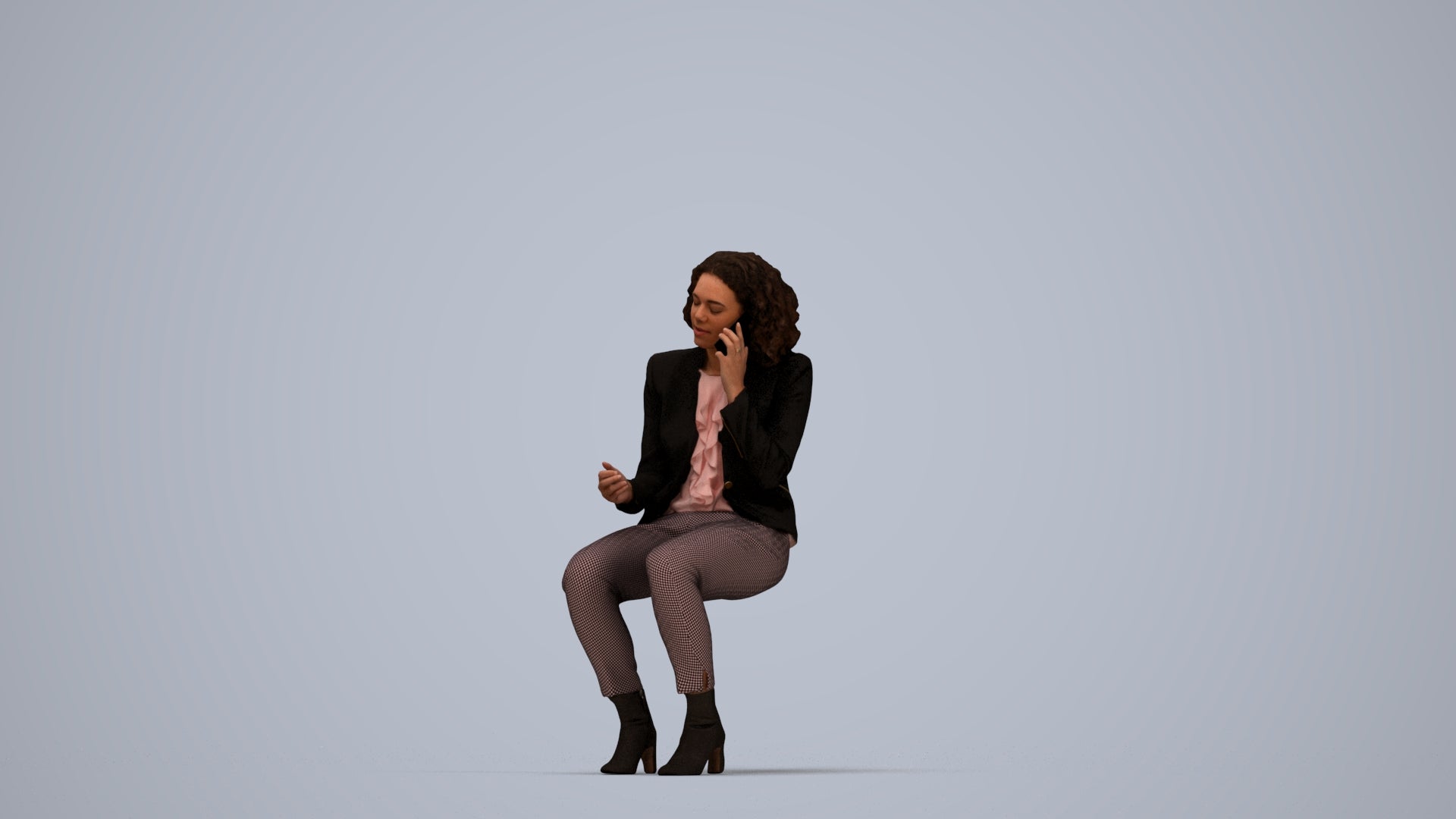 3D human model woman business, photogrammetry scanned person for archviz, back view render
