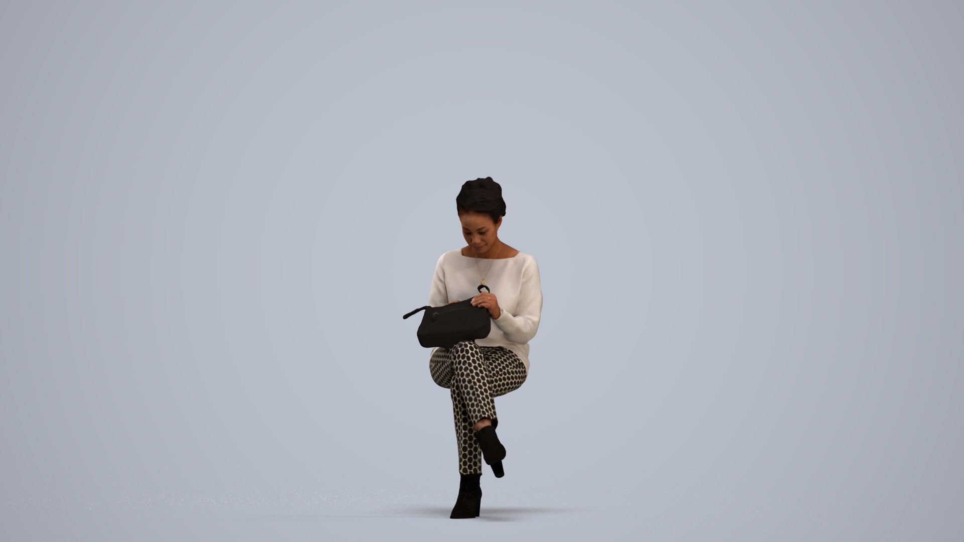 realistic 3D human woman casual sitting, archviz people FBX OBJ for Blender, standing pose render