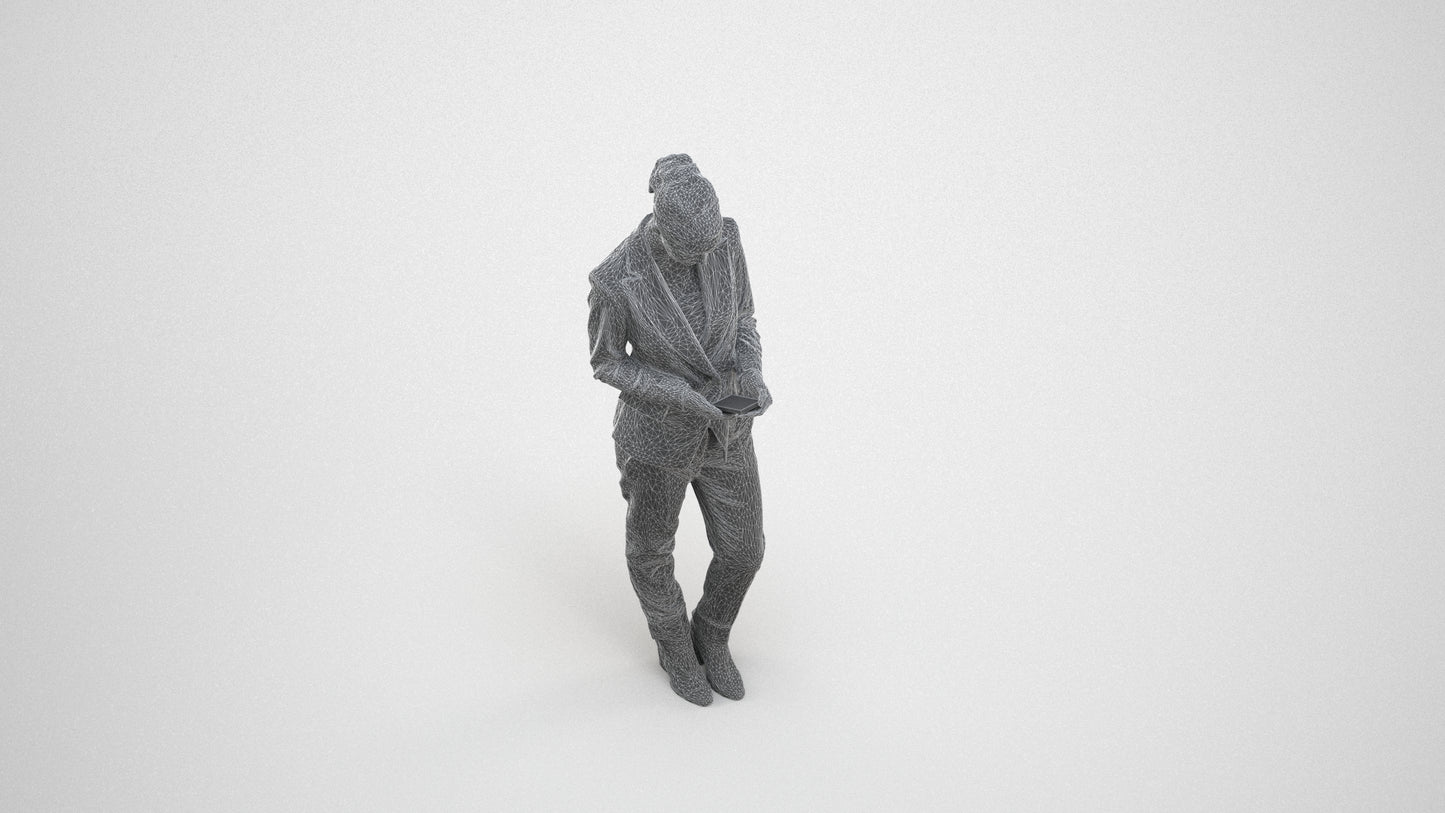 3D human model woman business standing, photogrammetry scanned person for archviz, wireframe three-quarter view