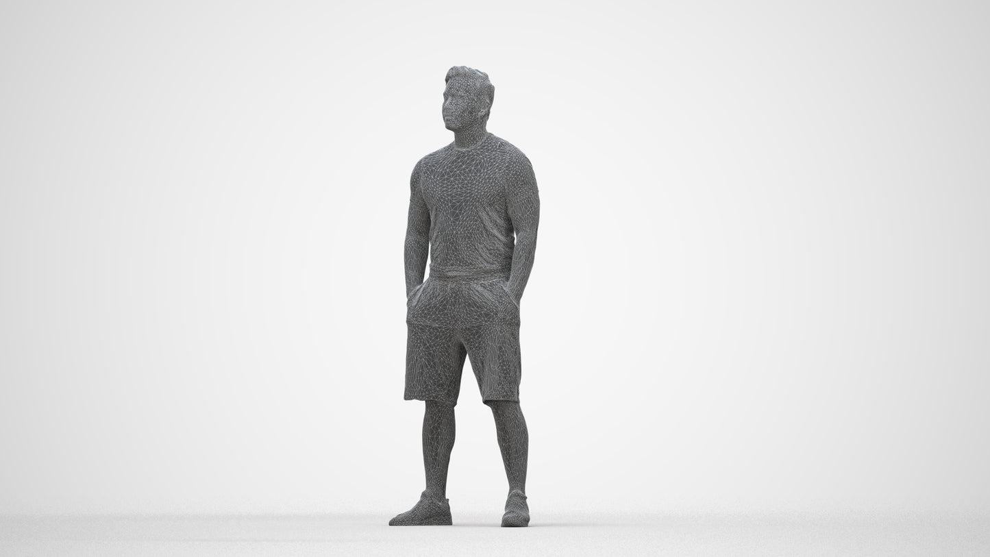3D people model man sport standing, scanned human for 3ds Max rendering, wireframe back view