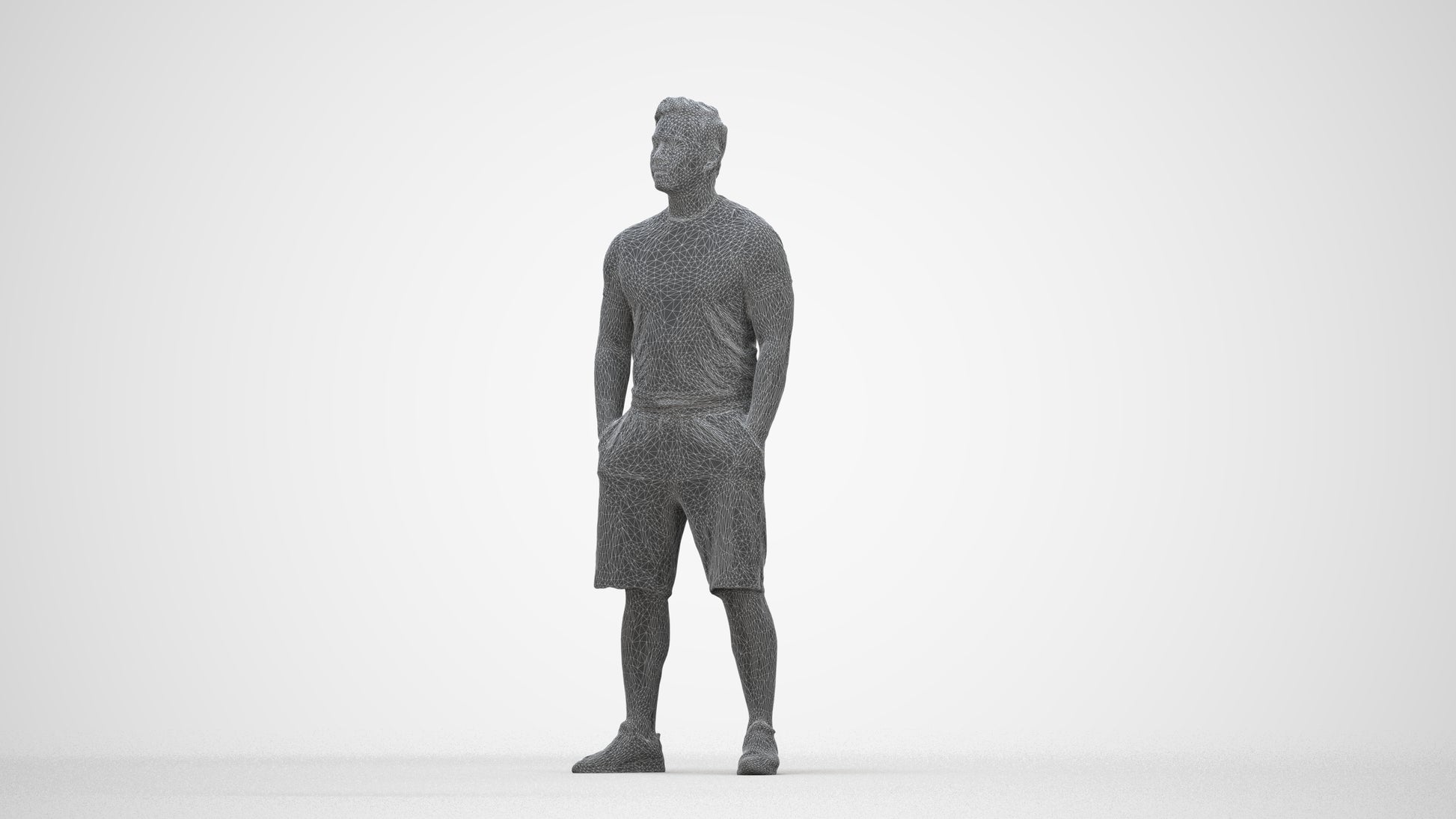 3D people model man sport standing, scanned human for 3ds Max rendering, wireframe back view