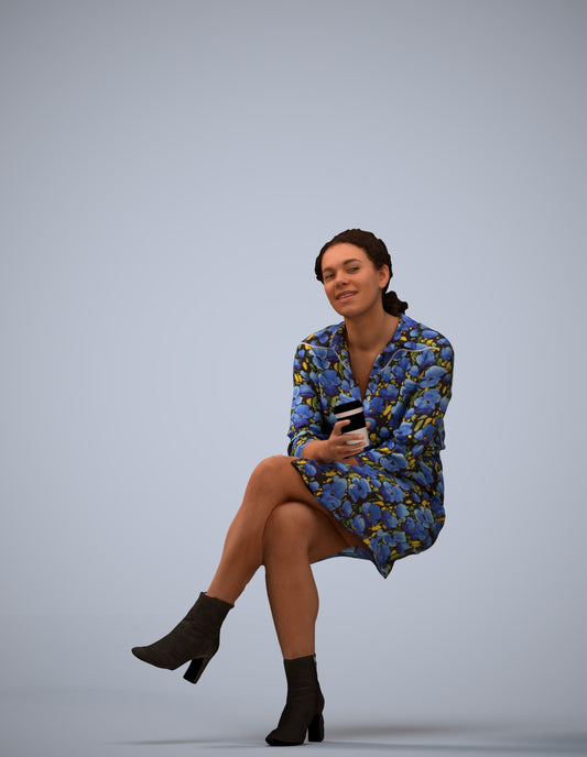 3D scanned woman sitting casual, photorealistic archviz people for Enscape and SketchUp