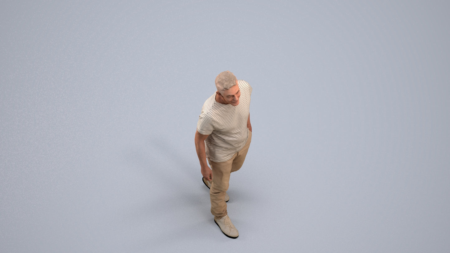 realistic 3D senior man casual walking, scanned archviz people for Blender and 3ds Max, back view render