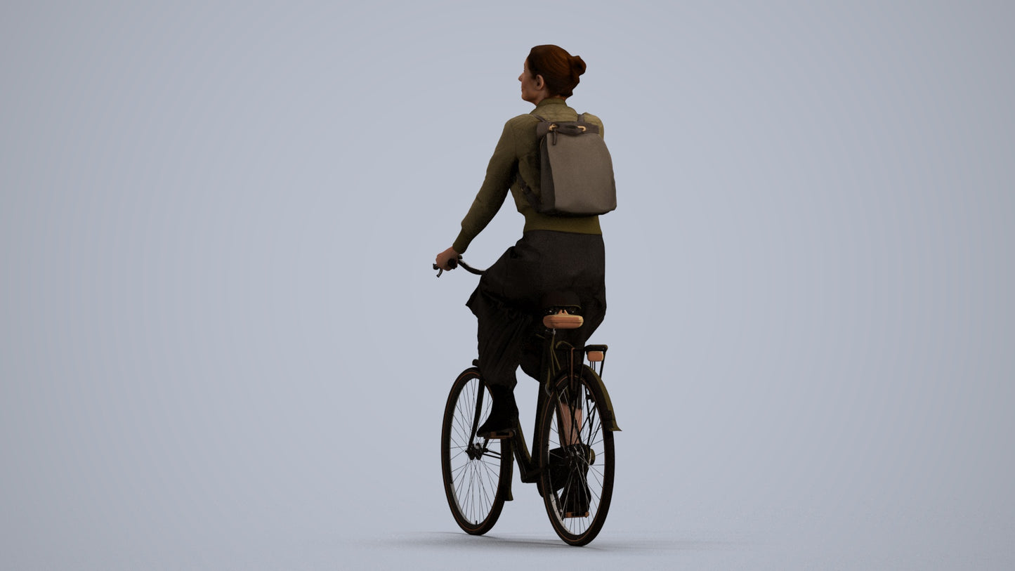 realistic 3D human woman casual cycling, archviz people FBX OBJ for Blender, front view render