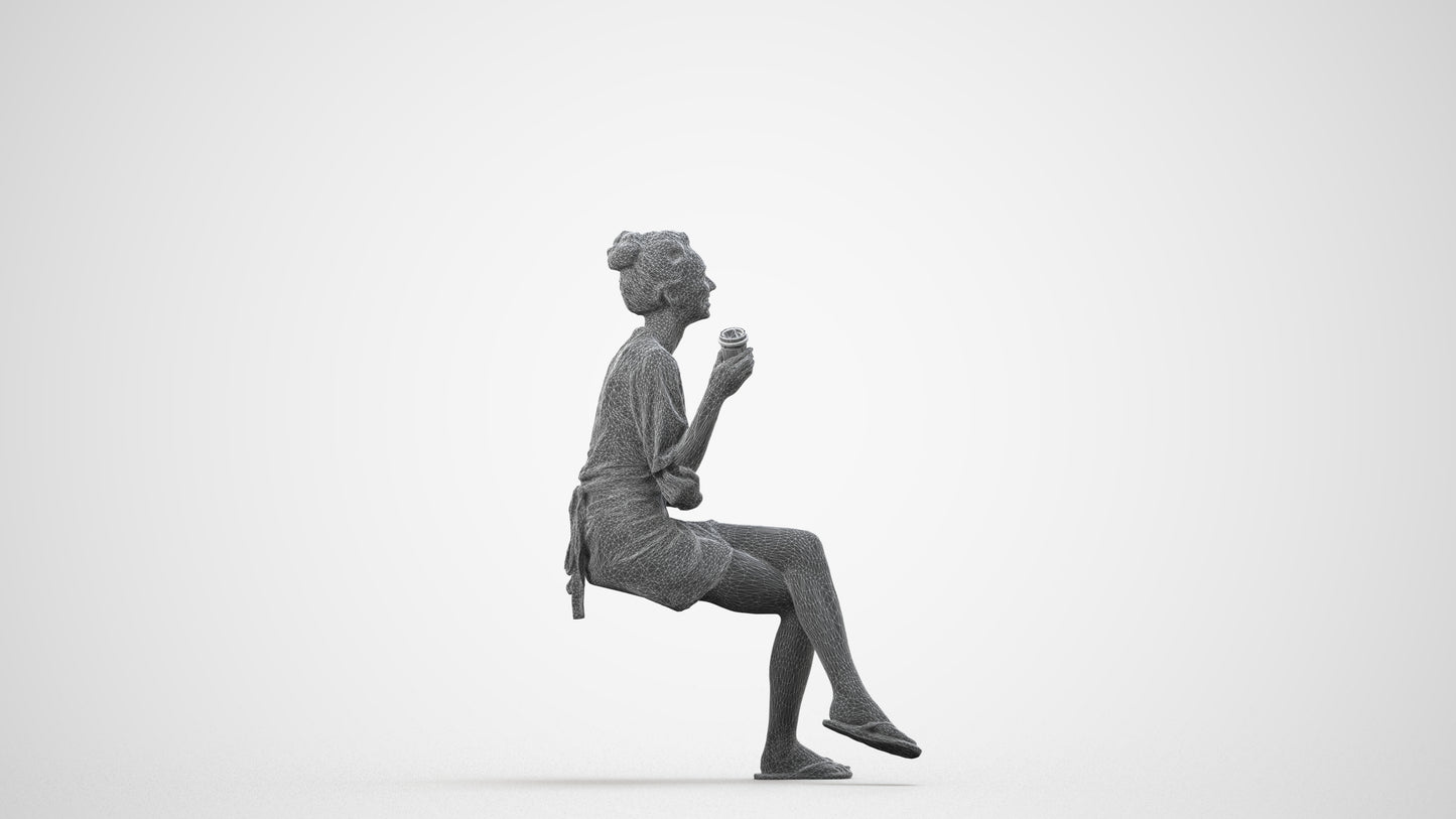 3D people model woman casual sitting, scanned human for 3ds Max rendering, wireframe side view