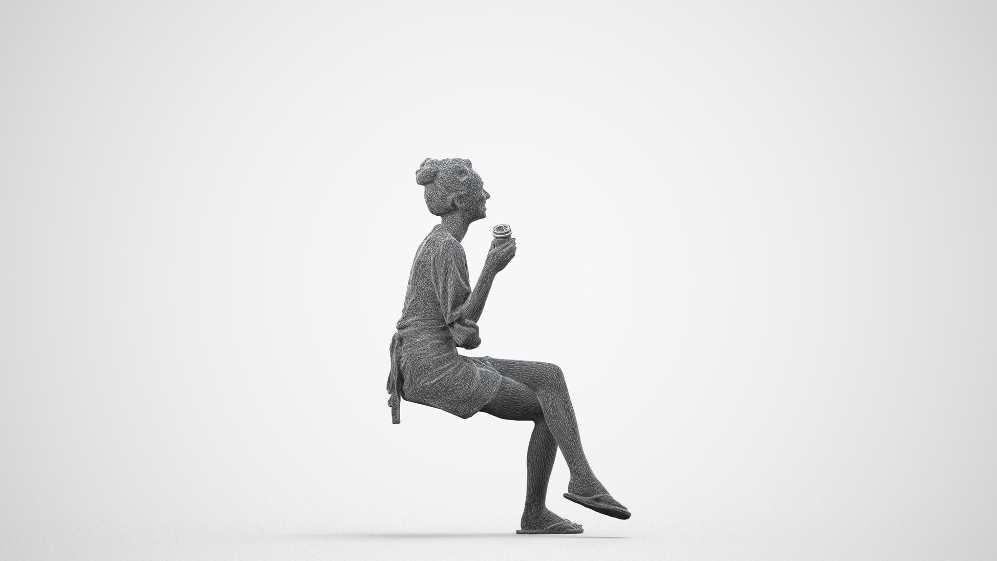 3D people model woman casual sitting, scanned human for 3ds Max rendering, wireframe side view