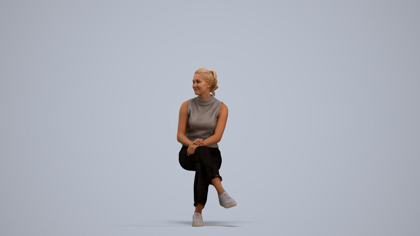 realistic 3D woman casual sitting, scanned archviz people for Blender and 3ds Max, standing pose render