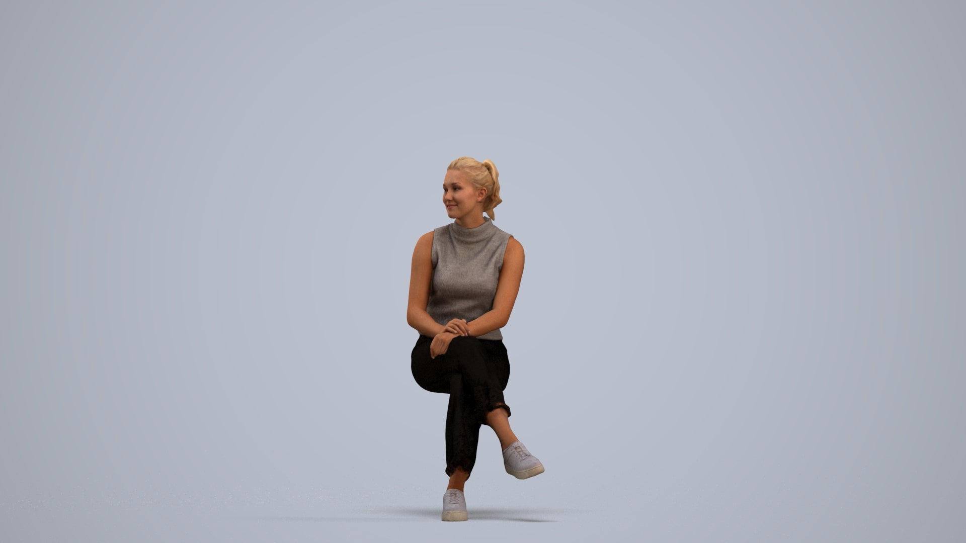 realistic 3D woman casual sitting, scanned archviz people for Blender and 3ds Max, standing pose render