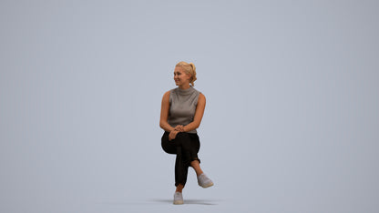 realistic 3D woman casual sitting, scanned archviz people for Blender and 3ds Max, standing pose render