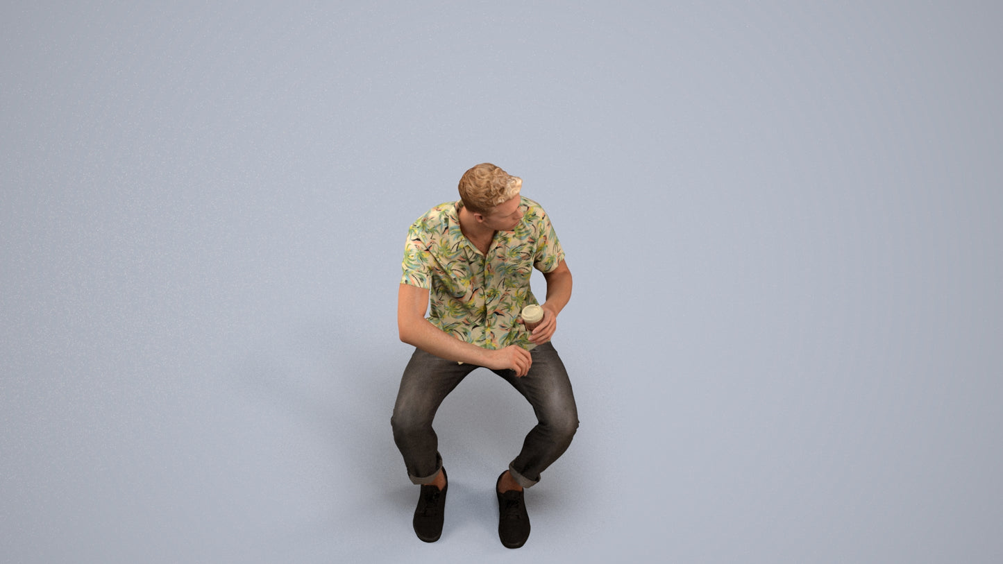 3D people model man casual sitting, scanned human for 3ds Max rendering, back view render