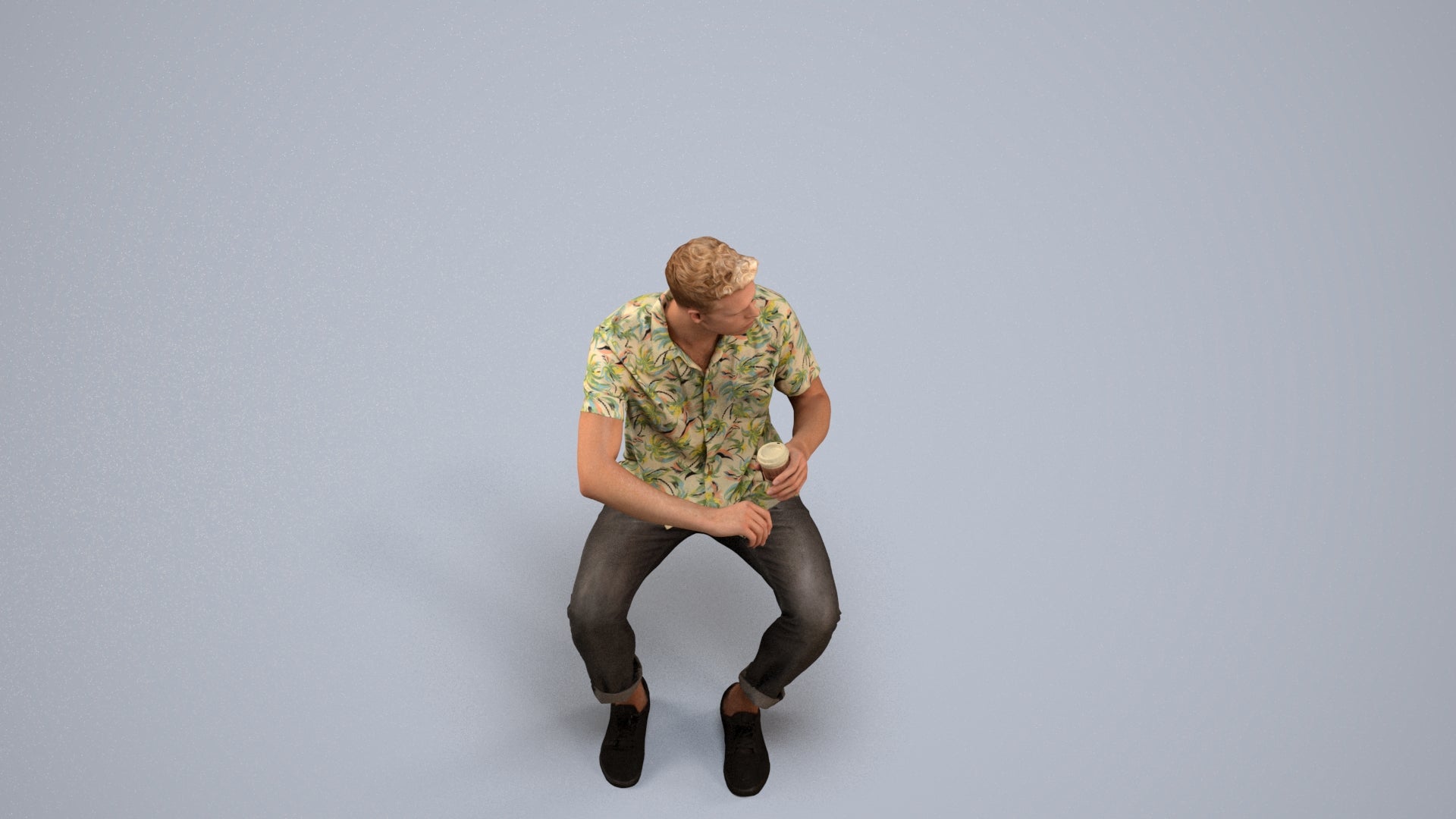 3D people model man casual sitting, scanned human for 3ds Max rendering, back view render
