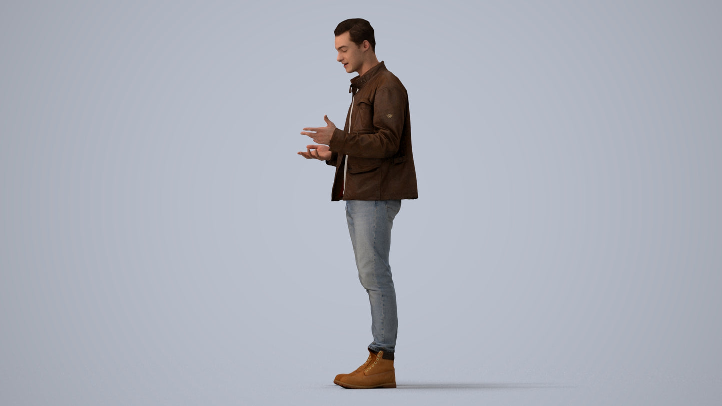 3D human model man casual standing, photogrammetry scanned person for archviz, three-quarter view render