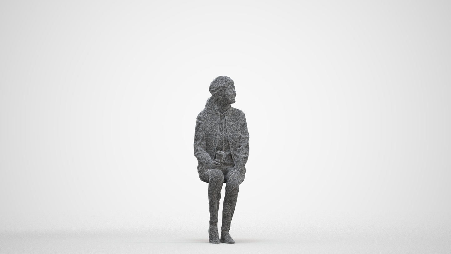 3D scanned senior woman sitting casual, photorealistic archviz people for Enscape and SketchUp