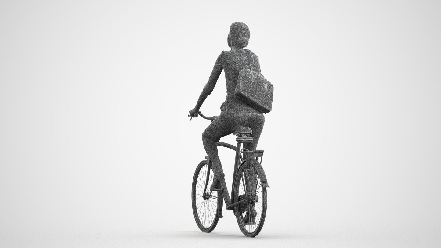 3D scanned woman cycling casual, photorealistic archviz people for Enscape and SketchUp, wireframe front view
