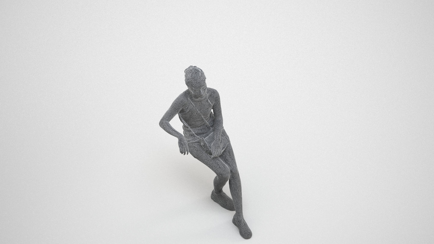 photogrammetry 3D woman casual sitting, realistic human model archviz FBX, wireframe three-quarter view
