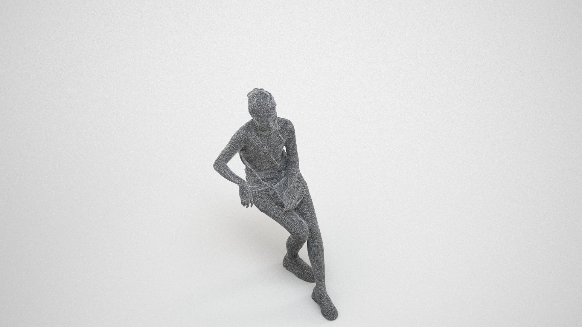 photogrammetry 3D woman casual sitting, realistic human model archviz FBX, wireframe three-quarter view