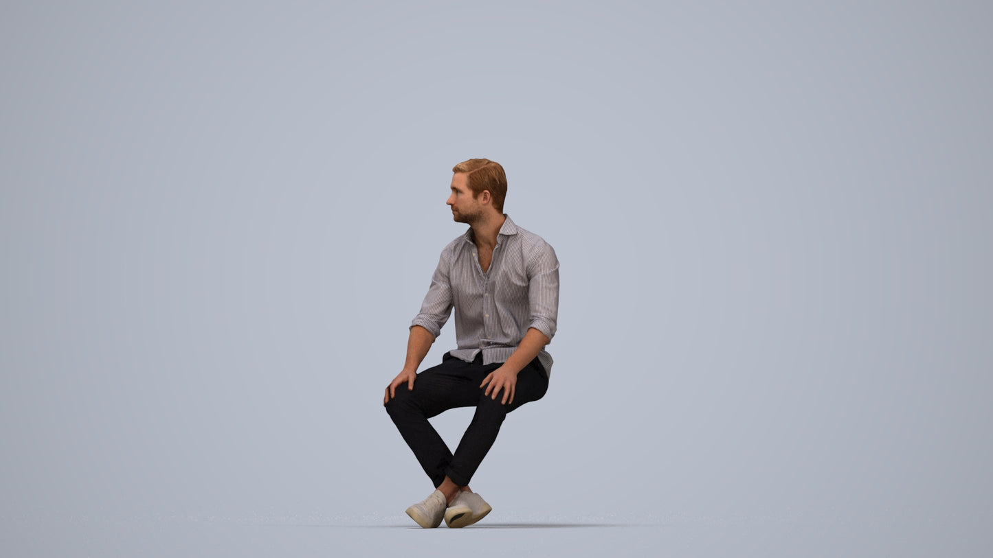 scanned 3D man casual sitting, photogrammetry people for Enscape and V-Ray, top-down view render