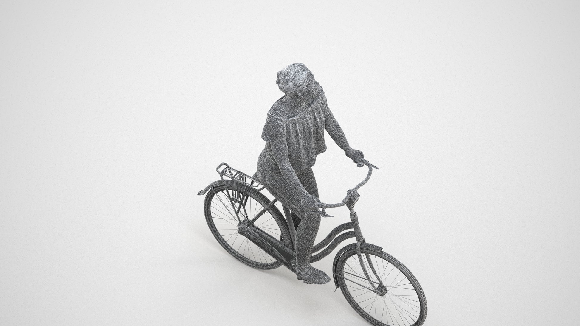 3D people model woman casual cycling, scanned human for 3ds Max rendering, wireframe three-quarter view