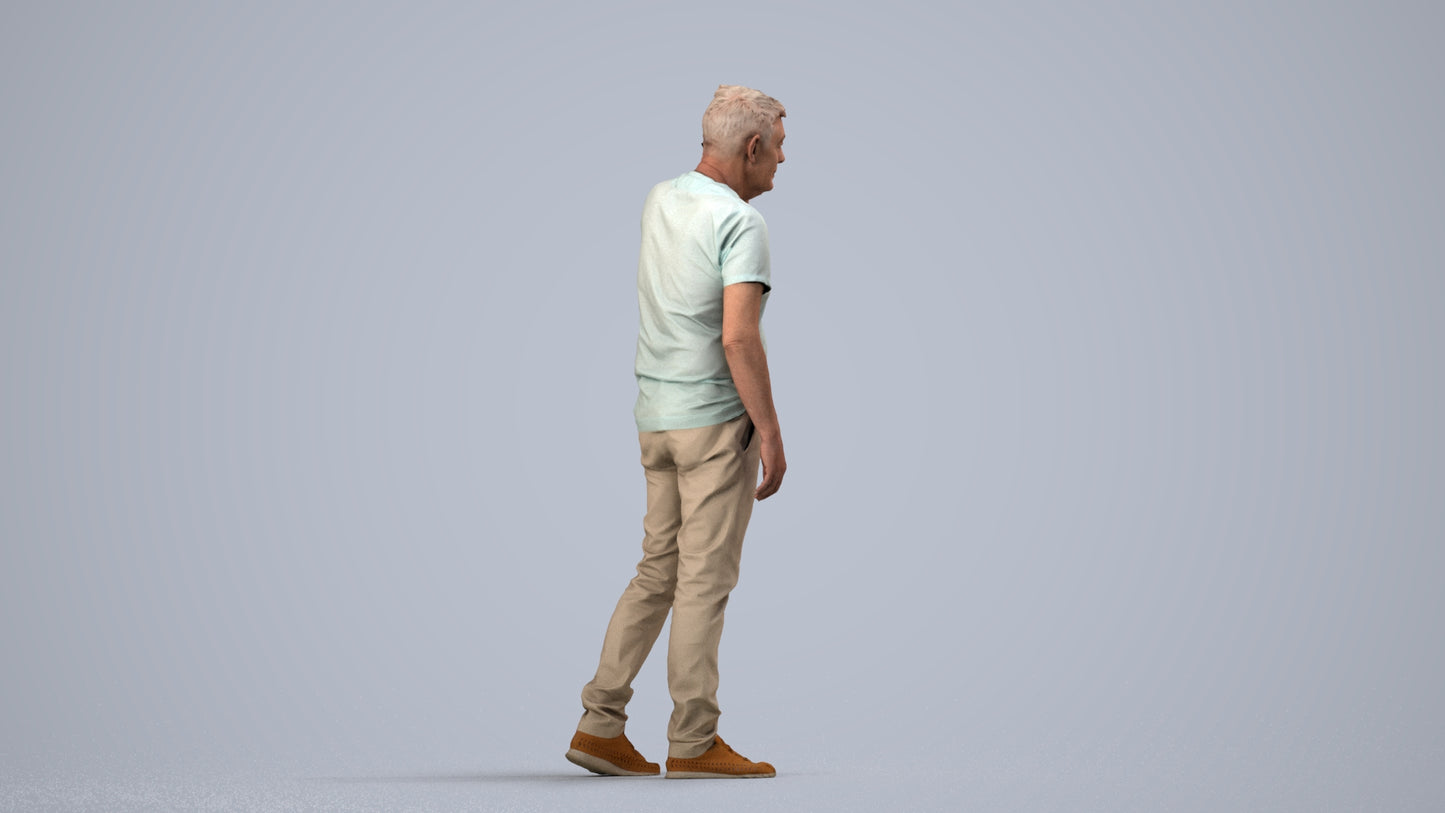 realistic 3D human senior man casual walking, archviz people FBX OBJ for Blender, side view render