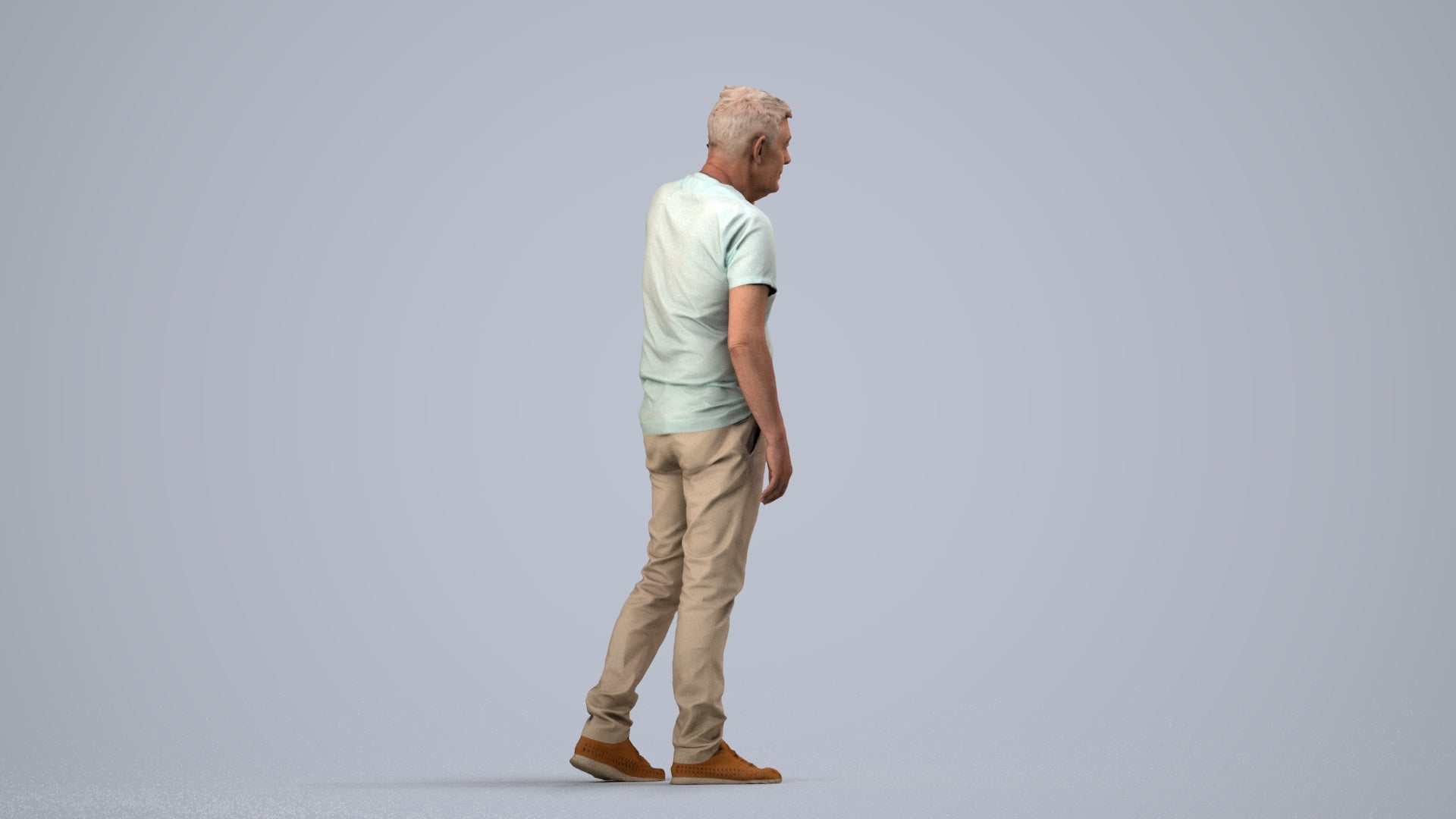 realistic 3D human senior man casual walking, archviz people FBX OBJ for Blender, side view render