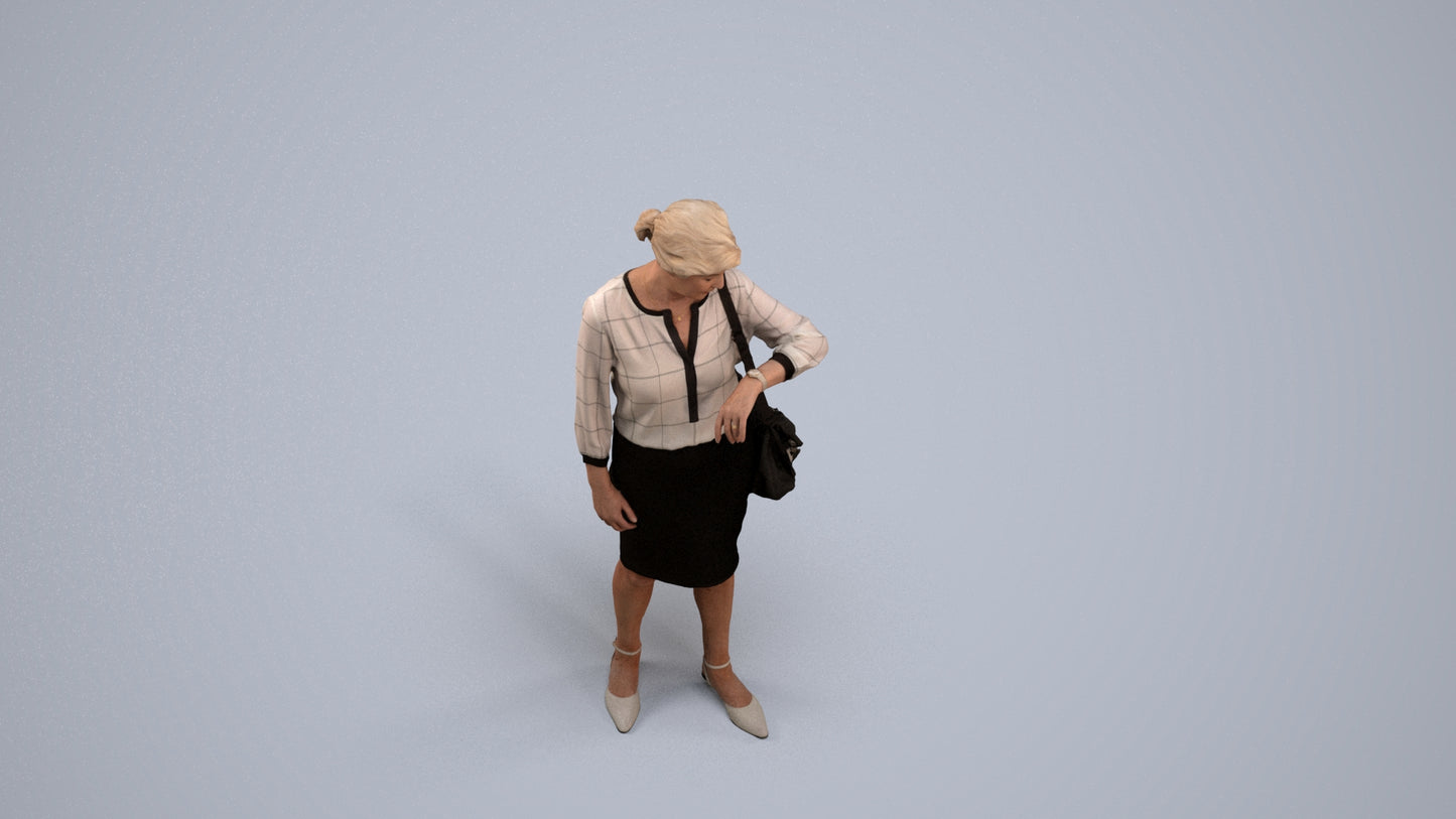 3D scanned senior woman standing business, photorealistic archviz people for Enscape and SketchUp, back view render