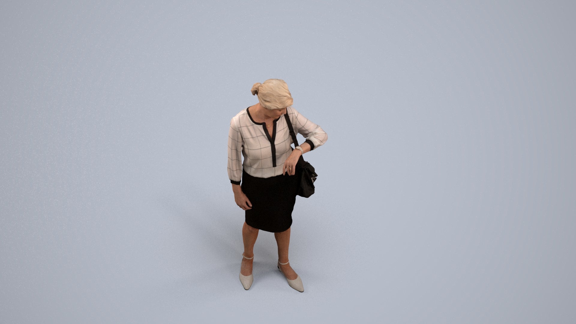 3D scanned senior woman standing business, photorealistic archviz people for Enscape and SketchUp, back view render