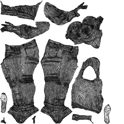 3D human model woman casual standing, photogrammetry scanned person for archviz, wireframe top-down view