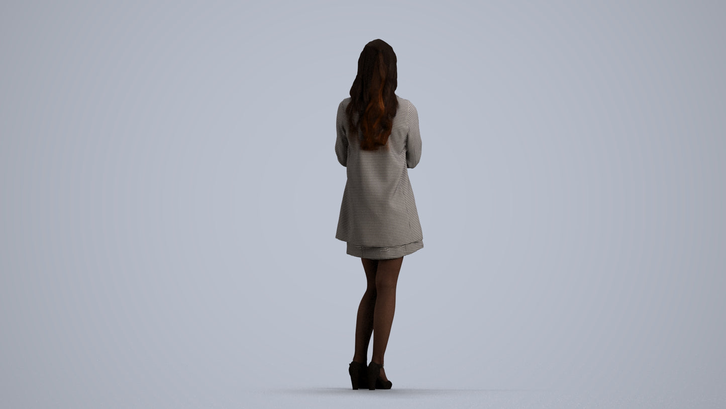3D human model woman business standing, photogrammetry scanned person for archviz, front view render