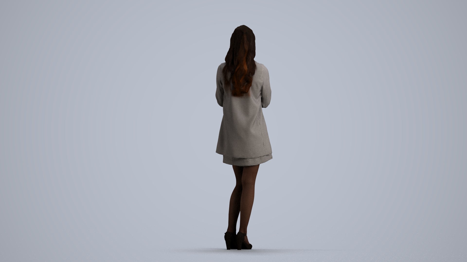 3D human model woman business standing, photogrammetry scanned person for archviz, front view render