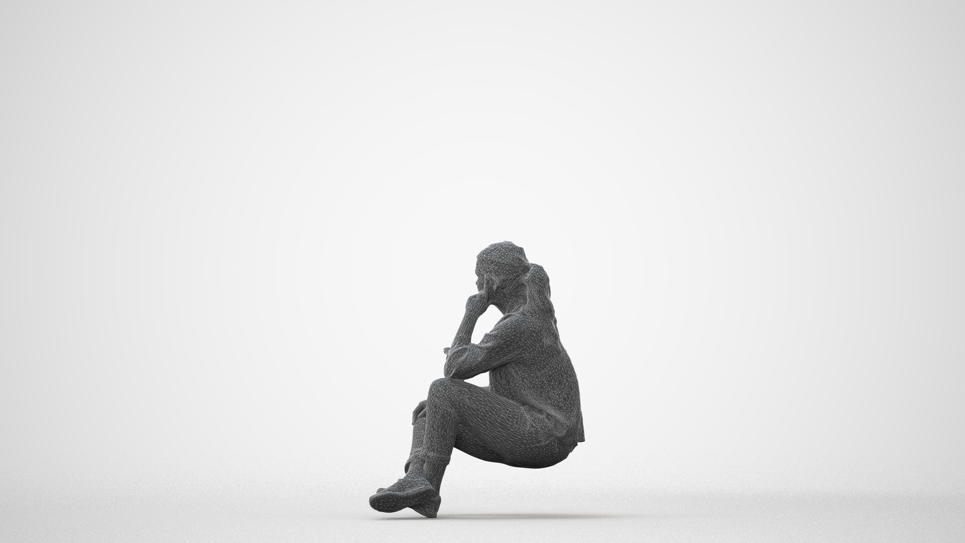3D human model woman casual sitting, photogrammetry scanned person for archviz, square thumbnail