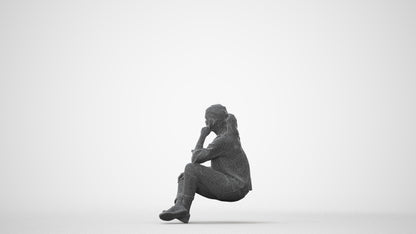 3D human model woman casual sitting, photogrammetry scanned person for archviz, square thumbnail