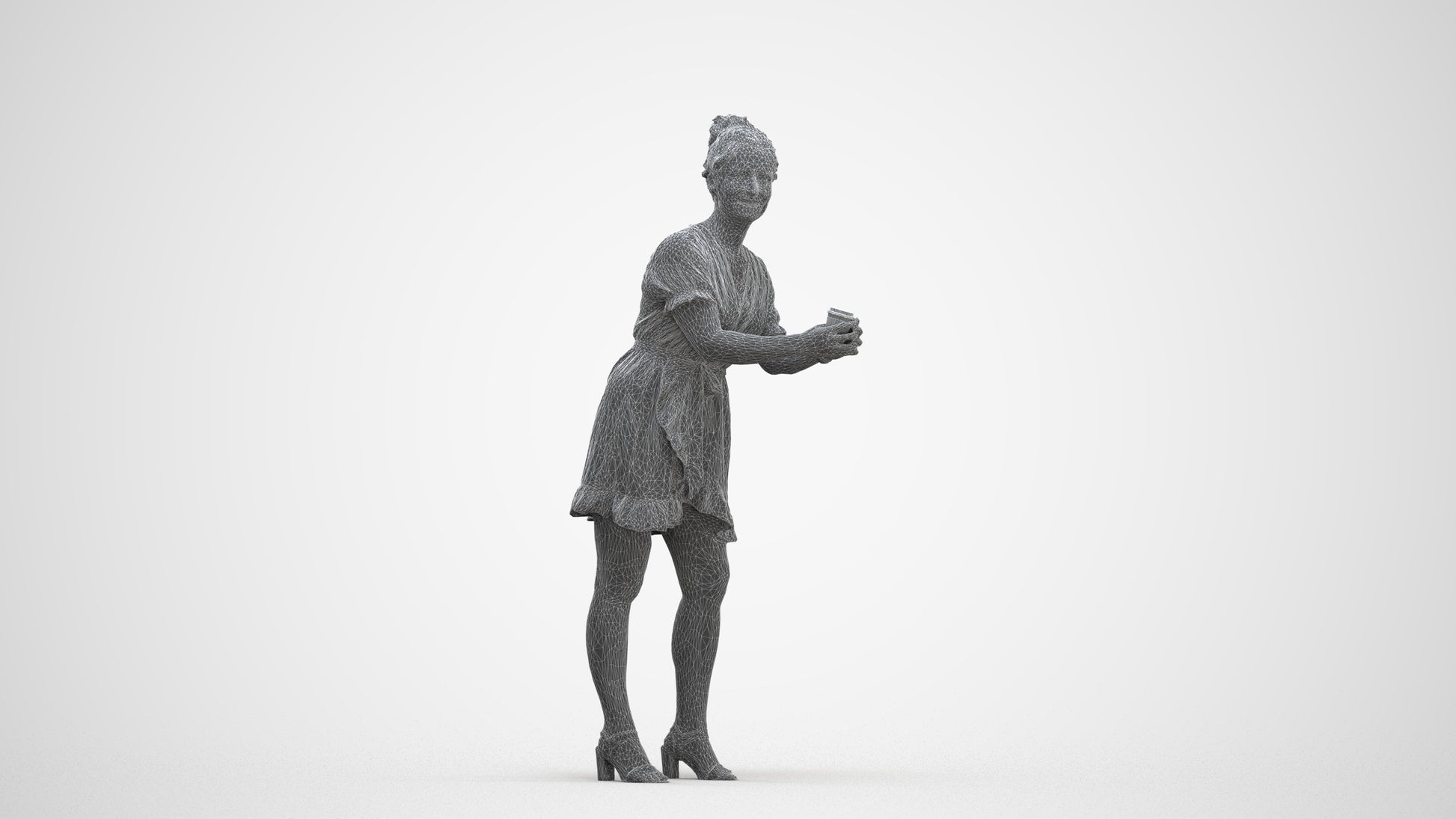 3D human model woman casual standing, photogrammetry scanned person for archviz, three-quarter front view render