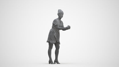 3D human model woman casual standing, photogrammetry scanned person for archviz, three-quarter front view render