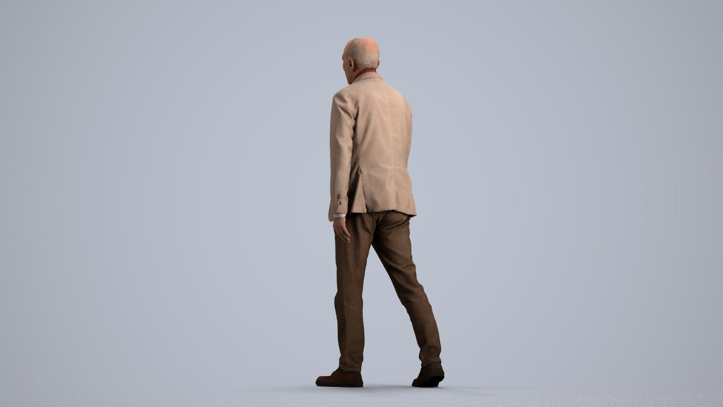 3D scanned senior man walking business, photorealistic archviz people for Enscape and SketchUp, front view render