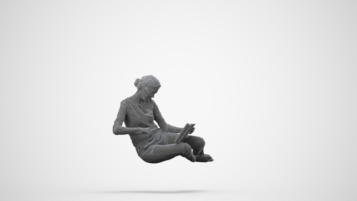 realistic 3D woman casual sitting, scanned archviz people for Blender and 3ds Max, wireframe side view