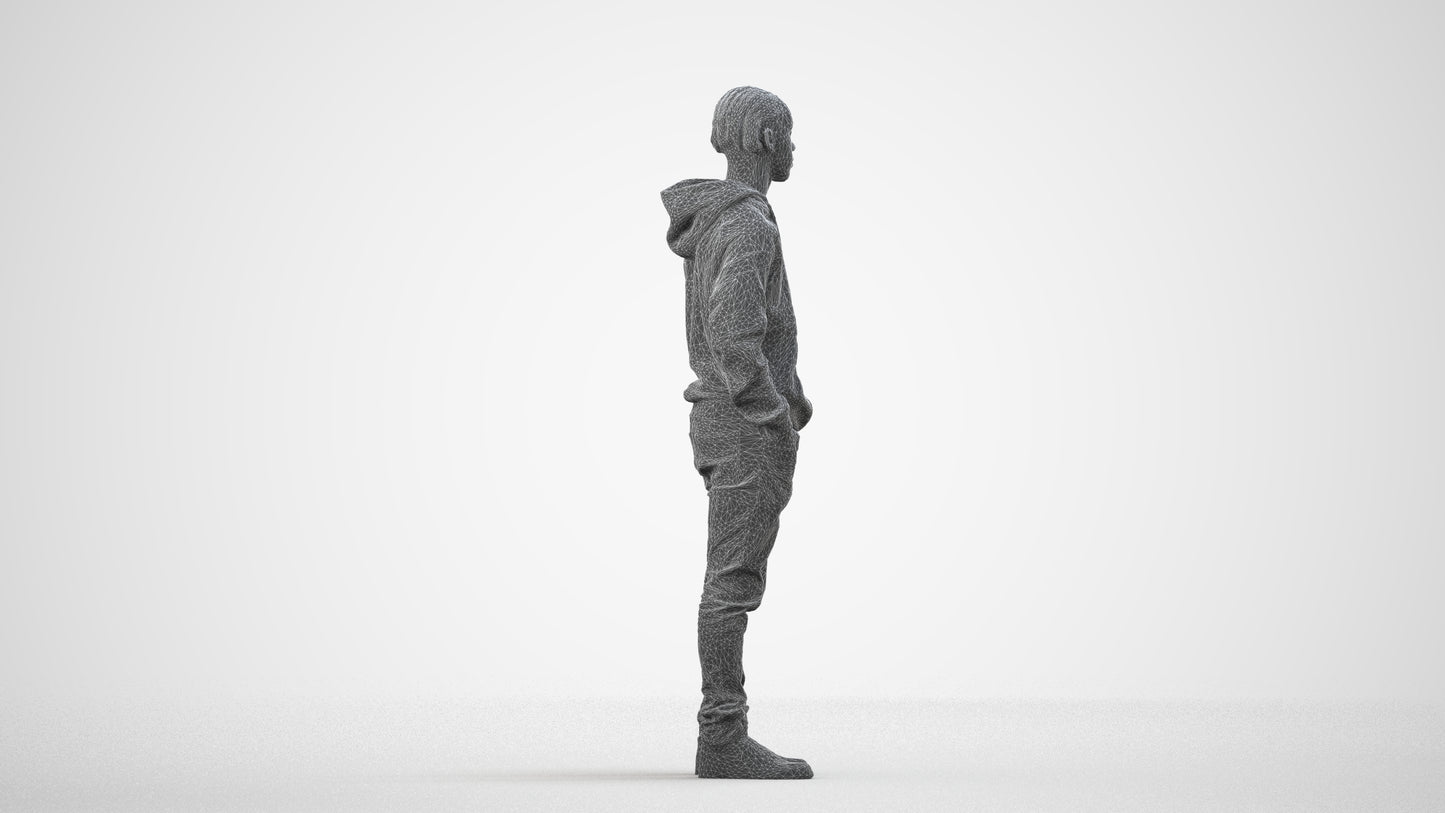 realistic 3D boy casual kids, scanned archviz people for Blender and 3ds Max, wireframe side view