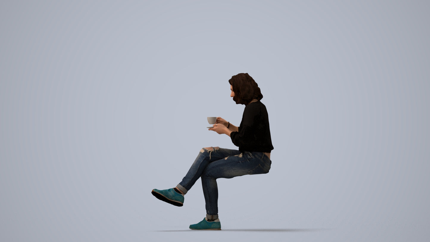 photogrammetry 3D woman casual sitting, realistic human model archviz FBX, three-quarter view render