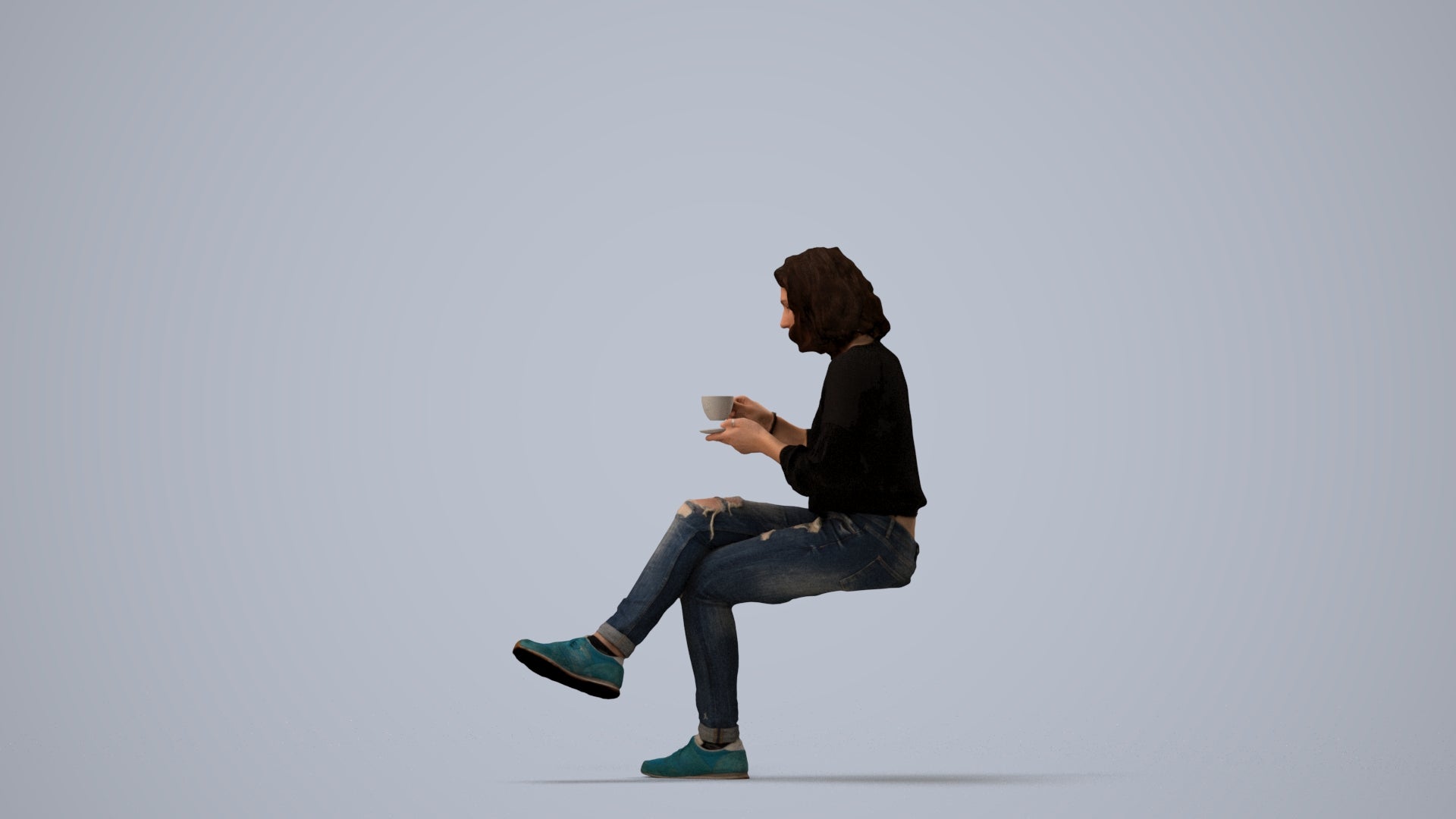 photogrammetry 3D woman casual sitting, realistic human model archviz FBX, three-quarter view render