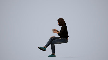 photogrammetry 3D woman casual sitting, realistic human model archviz FBX, three-quarter view render