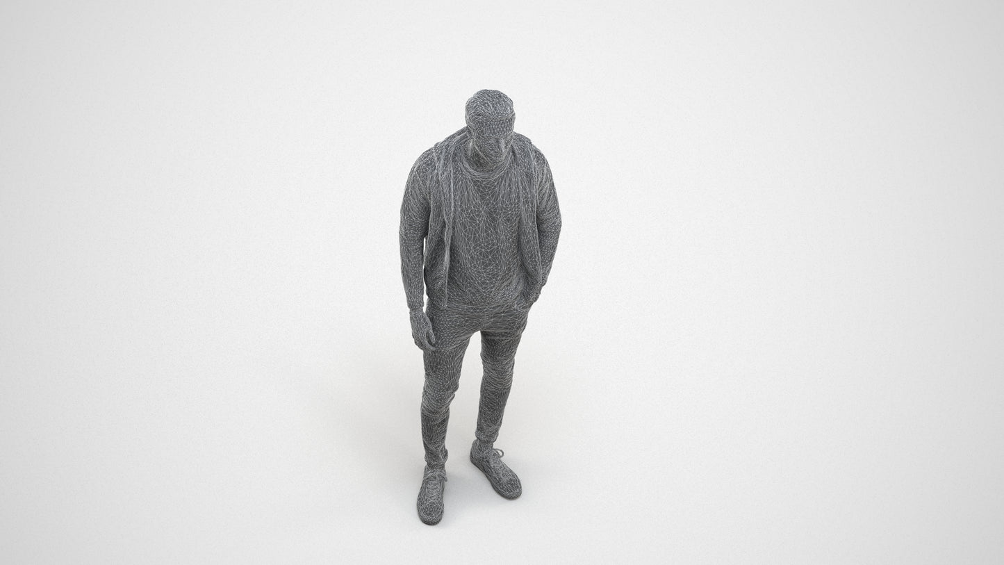 photogrammetry 3D man casual walking, realistic human model archviz FBX, wireframe three-quarter view