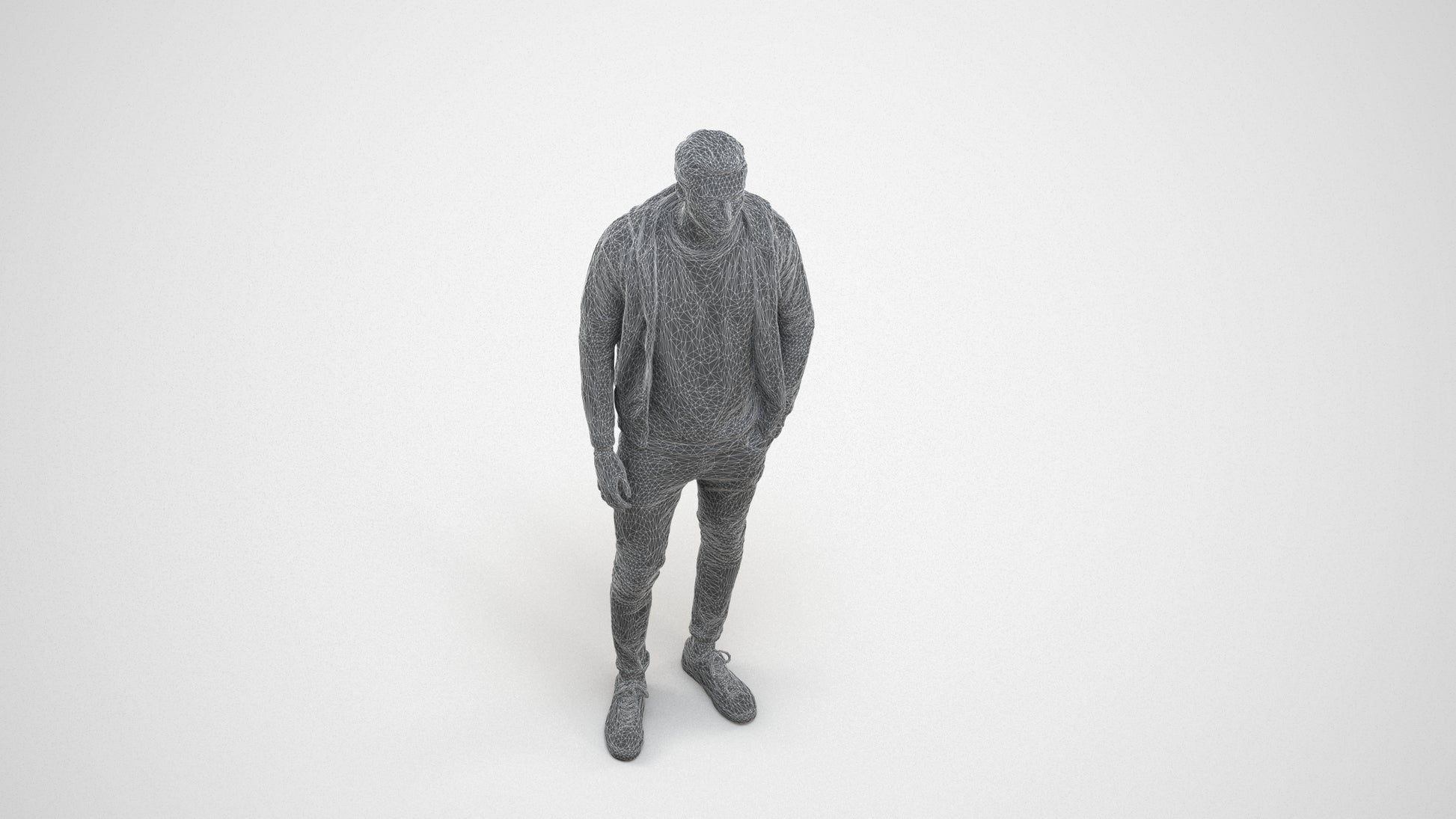 photogrammetry 3D man casual walking, realistic human model archviz FBX, wireframe three-quarter view