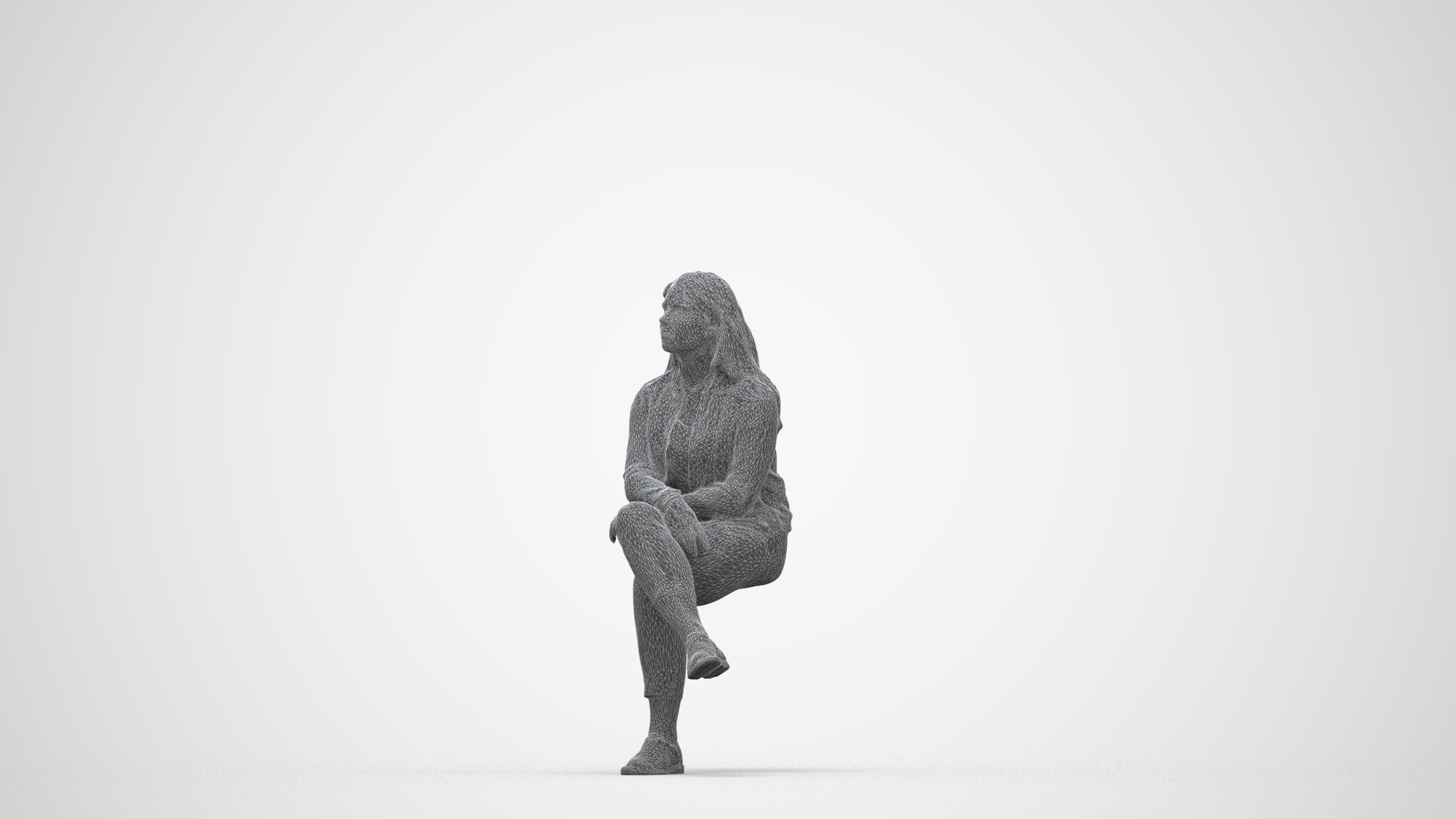 3D human model woman casual sitting, photogrammetry scanned person for archviz, wireframe back view