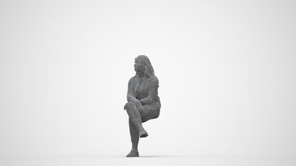 3D human model woman casual sitting, photogrammetry scanned person for archviz, wireframe back view