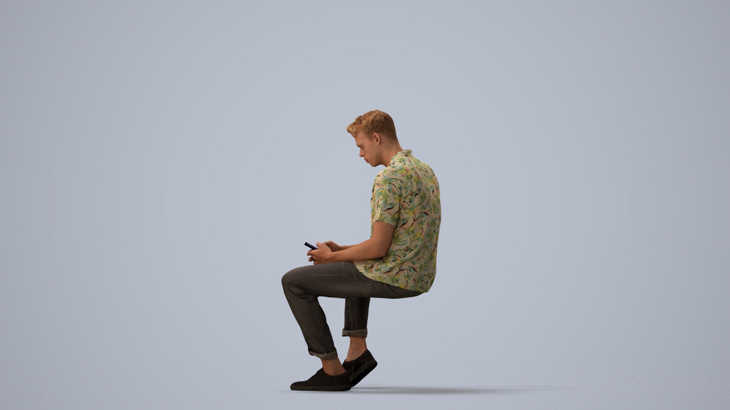 realistic 3D human man casual sitting, archviz people FBX OBJ for Blender, three-quarter view render