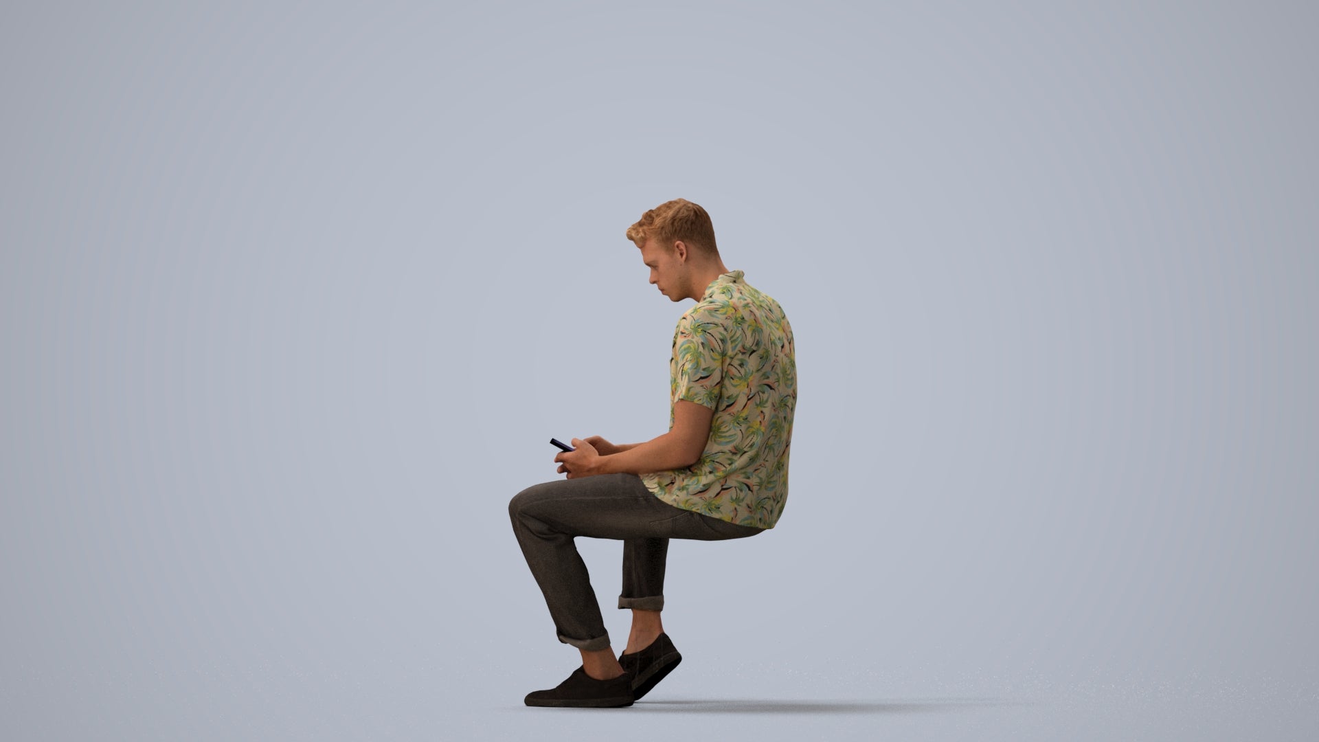 realistic 3D human man casual sitting, archviz people FBX OBJ for Blender, three-quarter view render