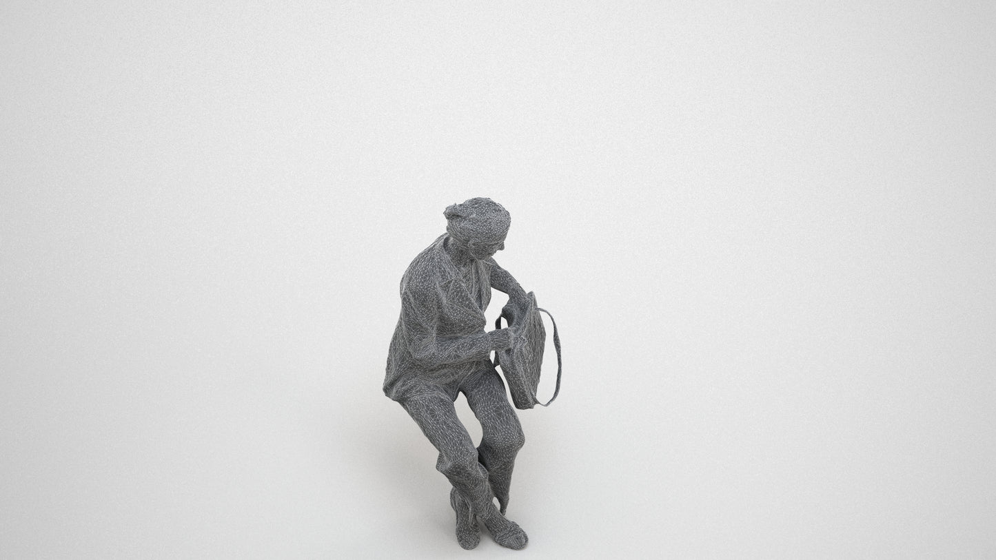 3D human model senior woman business sitting, photogrammetry scanned person for archviz, wireframe three-quarter view