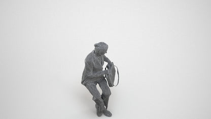 3D human model senior woman business sitting, photogrammetry scanned person for archviz, wireframe three-quarter view