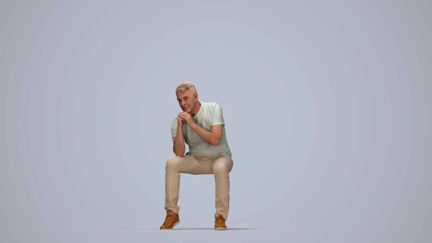 realistic 3D senior man casual sitting, scanned archviz people for Blender and 3ds Max, top-down view render